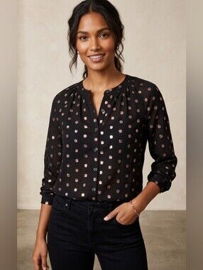 LOFT Black Button-Down Blouse with Rose Gold Metallic Dots